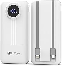 BonKaso 10000mAh Power Bank 22.5W Fast Charging PD, Built-in 2-in-1 Type-C & Lightning Cable, Digital Display, Dual USB Output, Compact Portable Charg