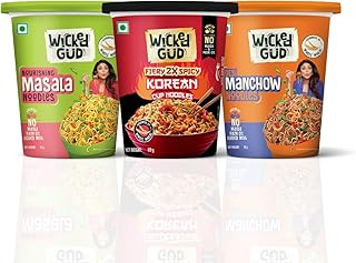 WickedGud Cup Noodles Variety Pack | Fiery Korean, Masala & Manchow Flavours | High Protein & Fiber | No Maida | 67 g, 69 g & 70 g Cups (Pack of 3)