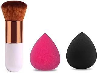 Makeup Brush & Blender Combo Set – Fluffy Kabuki Face Brush with Pink & Black Beauty Sponges for Smooth Foundation Application