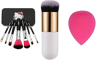 Complete Makeup Mini Brush Kit with Storage Box & Sponge Puff & Foundation/Blush Brush (Set of 9 Pieces Sponge Puff color may vary) (Black)