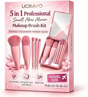 UCRAVO 5-in-1 Small Mini Makeup Brush Kit with Mirror – Compact Travel Cosmetic Set for Face, Eyeshadow, Blush, Powder & Lip Application – Portable Ma