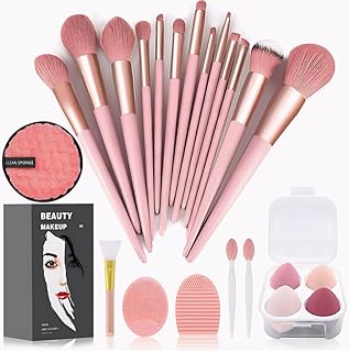23 Pcs Makeup Brush Kit, Foundation Brush Eyeshadow Brush, Makeup Sponge Puff Set, Makeup Remover Pads (Green, 23 Piece Set) (23 Set Pink) (PINK)
