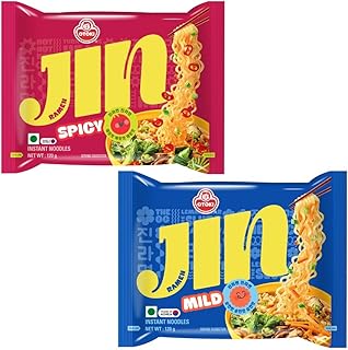 OTOKI Jin Ramen Korean Style Instant Noodles (Spicy & Mild Flavor) 120g each, Pack of 2 Combo | Veg & Authentic Korean Ramen Noodle | The Product of K