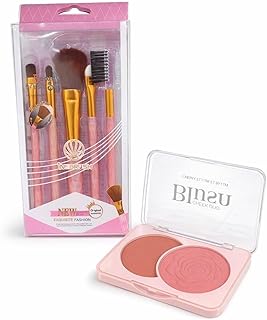 Professional Makeup Combo Set – 2-in-1 Cream & Powder Blush Duo with 5-Piece Essential Face & Eye Brush Kit – Long-Lasting Rose Embossed Blusher Palet
