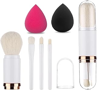 4 Pcs Makeup Brush Set with Retractable Foundation Brush, 3 Eye Brushes, Soft Dense Bristles, Portable Travel Brushes, 2 Pc Sponge, White