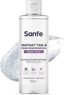 Sanfe Instant Tan & Dead Skin Removal Exfoliating Body Wash | Visibly Removes Tan | AHA Exfoliation in Minutes | Smooth & Bright Skin | 250ml