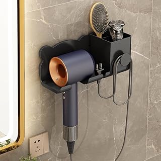 Wall-Mounted Hair Dryer Holder with Storage Box - Space-Saving Hair Dryer Rack With Electric Wire Organizer No-Drill Hair Dryer Stand For Bathroom Dec