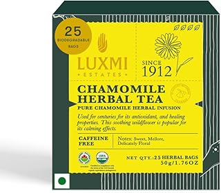 Luxmi Estates Organic Chamomile Herbal Infusion | 25 Plant-Based Biodegradable Bags | Pure Chamomile Flowers | Single Ingredient | Caffeine Free | Soo