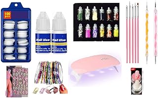 Nail Art Combo Kit, 9 Items Pack with 12 Glitter Bottles, 5 Nail Brushes, 1 Mini Lamp, 100 Pcs Nail Tips, 2 Dotting Pen, 2 PCS Glitter Powder, 2 Glue,