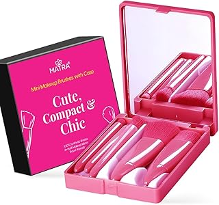 Matra 5 in 1 Mini Makeup Brush Set with Mirror Case - Travel Makeup Kit with Powder, Foundation, Eyeshadow Blender, Shader & Lip Brushes - Portable Co