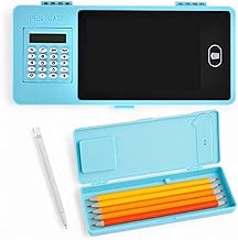 Multifunctional Pencil Box with Calculator and Writing Tablet, Blue Storage Case with Drawing Board and Erase Button for Kids Study and Stationery Org