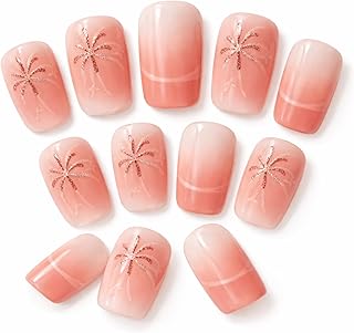 Blush Palm Ombre Press On Nails Short Square Glossy False Nails with Palm Tree Design, 24 Reusable Artificial Nail Tips Kit, Natural Pink Gradient Sti