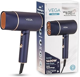 Vega Ionic 1200-1400W Foldable Hair Dryer for Men and Women, Quick & Fast Drying with Ionic Technology & 2 Heat/Speed Settings (Low & High), Cool Shot