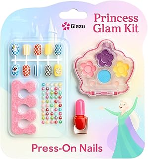 12-Pcs Kids Nail Art Set | DIY Press-On Nails Kit with Makeup Palette, Mini Nail Polish, Nail Beads & Toe Separator | Fun Pretend Play Manicure & Fash