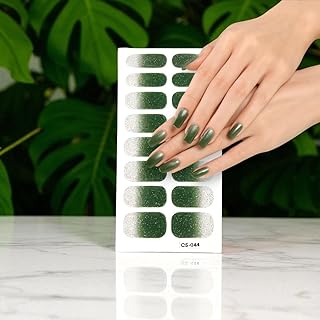 Sparlune Green Glitter Gel 16 Nail Stickers with Mini Nail File | DIY Nail Art Manicure Set | Gel Wraps for Girls and Women