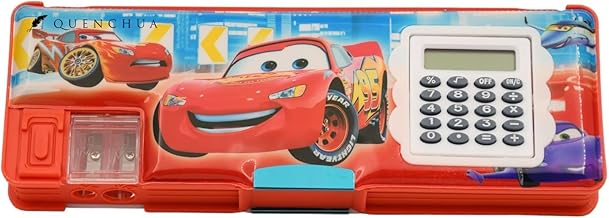 Dual Side Magnetic Cover with 2 Sharpener and Calculator Box for Boys & Girls, Cars 2 Print with Dual Sharpener