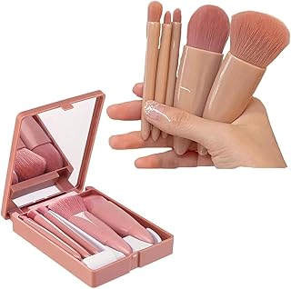 5 in1 Mini Makeup Brush Set with Mirror Compact Travel Cosmetic Brush Kit for Foundation Eyeshadow Blush Powder Portable Brush Set for Women Girls