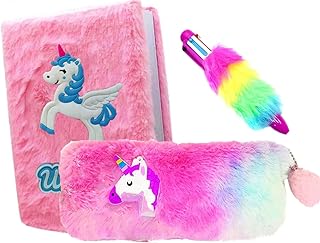 Neel® 3 Pieces Unicorn Stationery for Girls Unicorn Fur Diary for Girls | Unicorn Fur Pencil Pouch for Girls | 6in1 Fur Pen for Kids| Pencil Case Unic