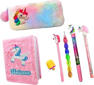Neel® 7pcs unicorn combo unicorn mini fur diary for girls, unicorn A6 Size furry notebook for girl with fur pencil box/case, unicorn pen, unicorn bull