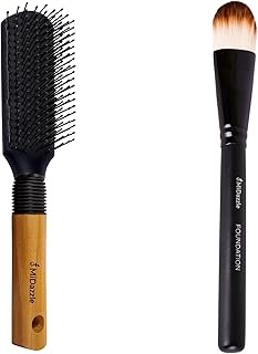 Midazzle Premium Flat Wooden Hair Brush with Foundation Makeup Brush, Set of 2
