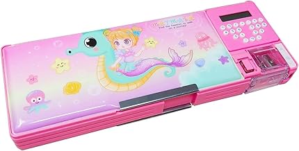 PARTEET Mermaid Pencil Case with Calculator, Double Sharpener & Dual Side Magnetic Lock|Stationery Organiser for Kids, Geometry Box for Students, Pen