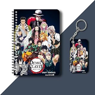 CRAFT MANIACS DEMON SLAYER CHIBI ALL CAST A5 Sized Ruled 120 Pages Matt Laminated Notebook & Free Wooden Keychain For Anime Lovers