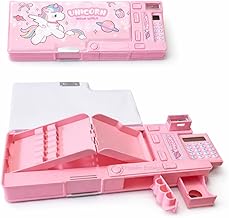 Pencil Box for Kids with Calculator & Sharpener | Multi-Compartment Plastic Pencil Case with Writing Pad | Cute Pink Pencil Box for Girls School Use (