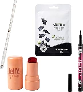 4-Piece Makeup & Skincare Combo Set – Viral Cooling Water Jelly Tint & Blush Stick, 25g Activated Charcoal Hydrating Sheet Mask, 36H Waterproof Precis