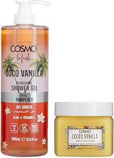 Cosmo Skin Care Be Fresh Coco Vanilla Refreshing Shower Gel 1000ml & Shea Sugar Scrub 450g Combo | Body Wash With Aloe & Vitamin E | Deep Exfoliating