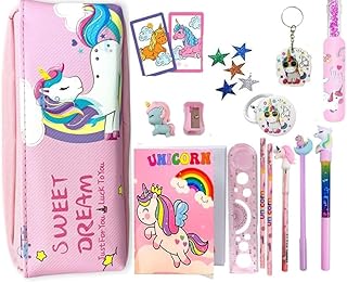 Combo Unicorn Stationery Gift Set for girls Unicorn Pencil Pouch Pencil Case for Kids 14 Pcs School Combo Kit Pencil Pouch with Colors, Diary,Stickers