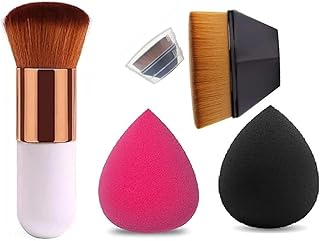 4-in-1 Makeup Brush and Sponge Set – 1 Round Foundation Brush, 1 Wooden Blush Brush, 2 Makeup Sponge Blenders – Combo for Daily Makeup Use