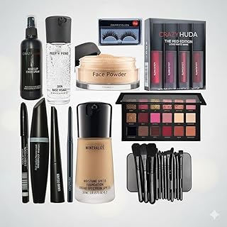 Professional Makeup Combo Eyeliner,Mascara,Eyebrow Pencil,Kajal, Primer,Foundation, Face Powder, Eyeshadow, Makeup Brush, 4 in1 Lipstick, Eyelashes &