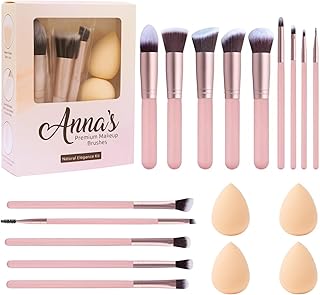 ANNA's Premium 18 Pcs with Gift Box 14 Pcs Makeup Brush Set with 4 Blender Sponge Professional Face & Eye Cosmetic Brushes for Foundation, Blending, C