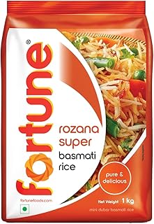 Fortune Rozana Super Basmati Rice, 1 Kg | Cooked Grain up to 13mm | Ideal for Everyday Cooking