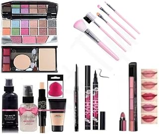 Multicolour Professional 5024 | Makeup Kit Set | with 5 Pink Makeup Brush, 1 | Lipstick Combo Set | Fixer, Primer, Contour, Foundation, 36H, Kajal and