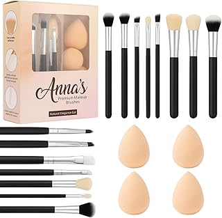 ANNA's Premium 19 Pcs with Gift Box 15 Pcs Makeup Brush Set with 4 Blender Sponge – Professional Face & Eye Cosmetic Brushes for Foundation, Blending,