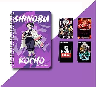 CRAFT MANIACS Demon Slayer Shinobu A5 Sized Ruled 120 Pages Matt Laminated Notebook And Set of Four Magnetic Bookmarks For Anime Lovers