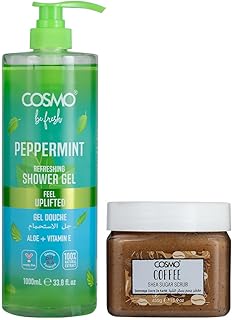 Cosmo Skin Care Be Fresh Peppermint Refreshing Shower Gel 1000ml & Coffee Shea Sugar Scrub 450g Combo | Body Wash With Aloe & Vitamin E | Deep Exfolia