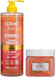 Cosmo Skin Care Be Fresh Vitamin C Refreshing Shower Gel 1000ml & Shea Sugar Scrub 450g Combo | Body Wash With Aloe & Vitamin E | Deep Exfoliating Scr