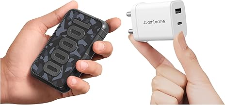 Ambrane 10000mAh Rugged Slim Power Bank | 22.5W Fast Charging, USB-C, PD & QC, Black | & Ambrane 30W Dual Port GaN Charger | USB & Type-C Fast Chargin