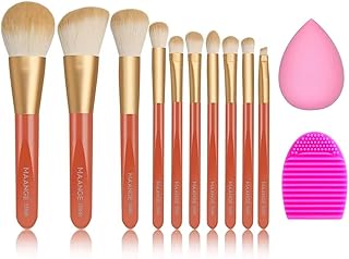 SKINPLUS Premium Synthetic Kabuki Foundation Face Powder Blush Eyeshadow Brush Makeup Brush Kit with Sponge Puff +cleaner (orange 10 pcs Makeup brush)