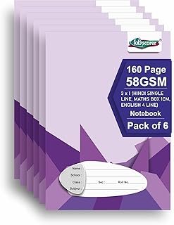 3 in 1 Notebook (Hindi, Math, English) | 160 Pages, Pack of 6 | 24 x 18 cm | Soft Bound Ruled Notebook with Margin | White Paper | Ideal for Homework,