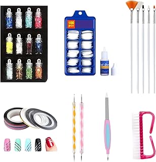 Beauty Premium Nail Art Kit Set : 16pc Glitters, 100pc Nails, 1 Glue, 5 Brushes, 2 Tapes, 2 Dotting Pens, 1 File, 1 Brush