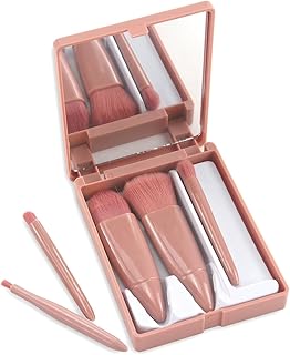 Mini Makeup Brushes Kit,Portable Multifunctional Brush Set for Foundation, Blush, Eyeshadow with Mirror,5-in-1 Travel Cosmetic Brush Set with Compact