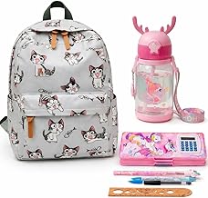 School Bag Combo 6-in-1 Floral Print Backpack with Unicorn Stationery Set | Calculator Pencil Box, Water Bottle & Writing Kit | Kids School Backpack f