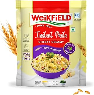 Weikfield Instant Pasta - Cheezy Creamy - 64g Pack | Made With 100% Durum Wheat | Rich in Protein | Non-Sticky Pasta | Fortified With Iron, Vitamin B1