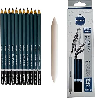 Definite Art Premium Extra Soft charcoal Pencils for Dark Black Sketching Drawing Color Filling (Break Resistant Lead)(Pack of 12 Pencils with 1 Blend