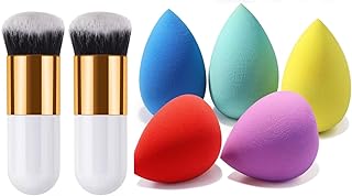 2 Foundation Makeup Brushes with 5 Multicolor Sponges – Latex-Free Beauty Blender Set for Liquid, Cream, and Powder Application – Makeup Tools Combo (