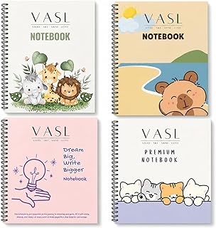 VASL™ A4 Spiral Notebook, Set of 4 | 210 x 297mm | 200 Pages Each | Premium Printed Cover Notebook for School,Office,College | Hard Cover Spiral Bound