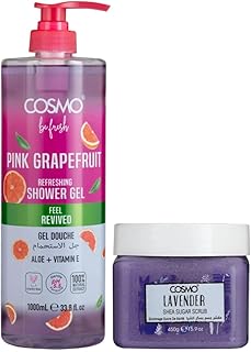 Cosmo Skin Care Be Fresh Pink Grapefruit Refreshing Shower Gel 1000ml & Lavender Shea Sugar Scrub 450g Combo | Body Wash With Aloe & Vitamin E | Deep